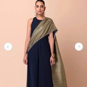 Navy foil pleated draped jumpsuit